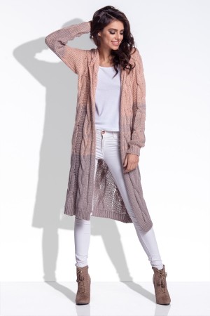 Cardigan de dama lung tricotat cu gluga apricot